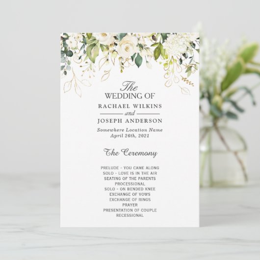 Elegant White Roses Floral Wedding Programmakaart (Staand voorkant)