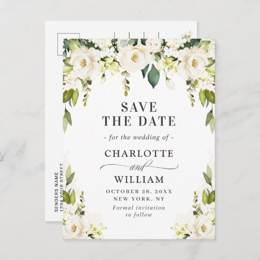 Elegant White Roses Flowers Weddenschap Save the D Aankondigingskaart (Voorkant / Achterkant)
