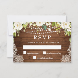 Elegant White Roses Greenery Lace Rustic Wedding RSVP Kaartje