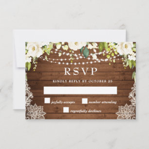 Elegant White Roses Greenery Lace Rustic Wedding RSVP Kaartje