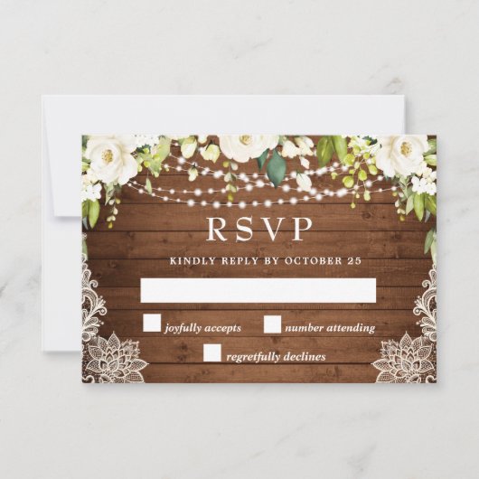 Elegant White Roses Greenery Lace Rustic Wedding RSVP Kaartje (Voorkant)