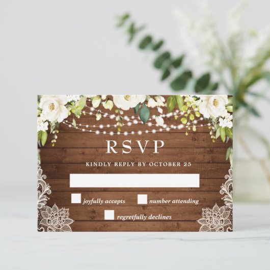 Elegant White Roses Greenery Lace Rustic Wedding RSVP Kaartje (Staand voorkant)