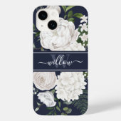 Elegant White Roses Greenery Navy Blue Monogram Case-Mate iPhone Case (Achterkant)