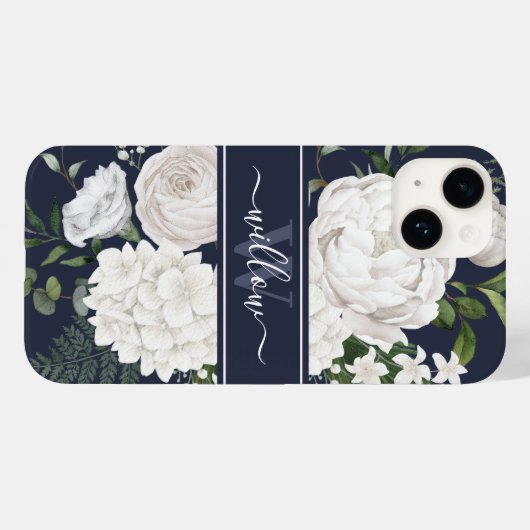 Elegant White Roses Greenery Navy Blue Monogram Case-Mate iPhone Case (Achterkant (horizontaal))