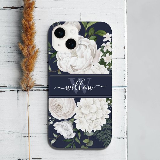 Elegant White Roses Greenery Navy Blue Monogram Case-Mate iPhone Case