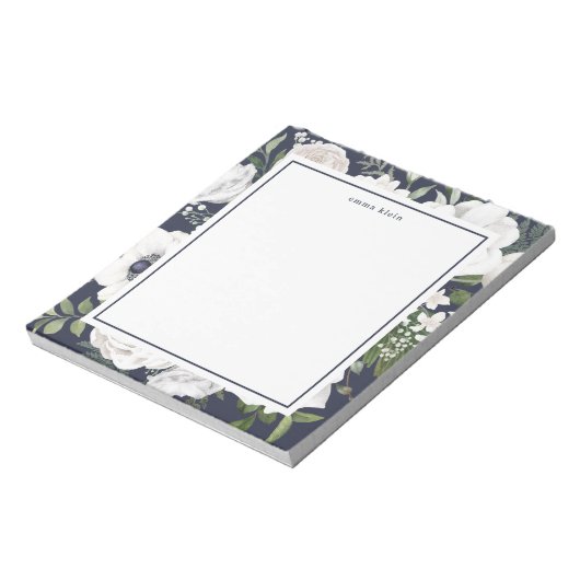 Elegant White Roses Greenery Navy Blue Name Notitieblok (Linkerzijde)