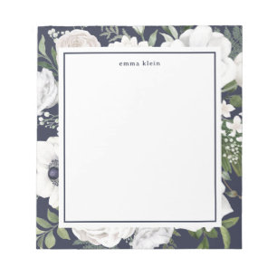 Elegant White Roses Greenery Navy Blue Name Notitieblok