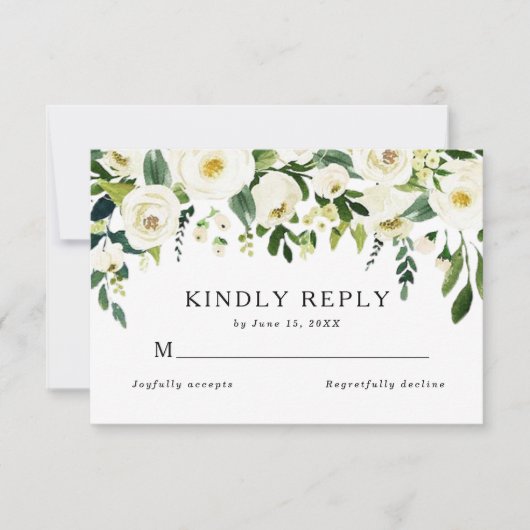 Elegant White Roses Greenery Summer Wedding RSVP Kaartje (Voorkant)