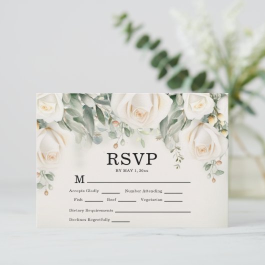 Elegant White Roses Greenery Wedding RSVP Kaartje (Staand voorkant)