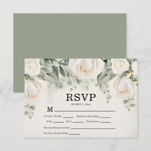 Elegant White Roses Greenery Wedding RSVP Kaartje (Voorkant / Achterkant)