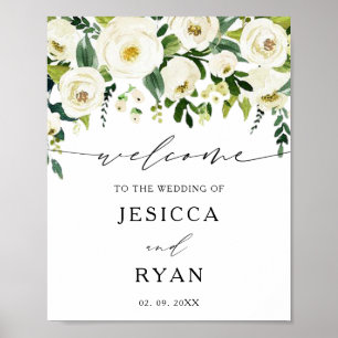 Elegant White Roses Greenery Wedding Welcome Sign Poster