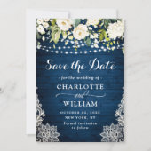 Elegant White Roses Lace Blue Wood Rustiding Weddi Save The Date (Voorkant)