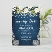 Elegant White Roses Lace Blue Wood Rustiding Weddi Save The Date (Staand voorkant)