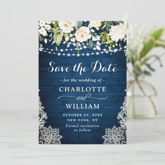 Elegant White Roses Lace Blue Wood Rustiding Weddi Save The Date (Staand voorkant)