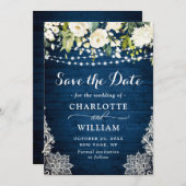Elegant White Roses Lace Blue Wood Rustiding Weddi Save The Date (Voorkant / Achterkant)