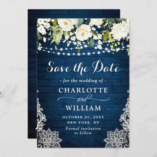 Elegant White Roses Lace Blue Wood Rustiding Weddi Save The Date (Voorkant / Achterkant)