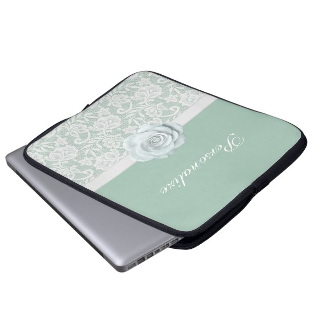 Elegant White Roses & Lace Mint Green Laptop Sleeve (Voorkant onderkant)