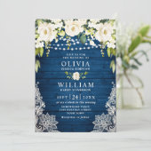 Elegant White Roses Lace Rustic Blue Wood Wedding Kaart (Staand voorkant)