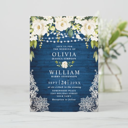 Elegant White Roses Lace Rustic Blue Wood Wedding Kaart (Staand voorkant)