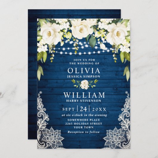 Elegant White Roses Lace Rustic Blue Wood Wedding Kaart (Voorkant / Achterkant)