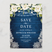 Elegant White Roses Lace Rustic Blue Wood Wedding Save The Date (Voorkant)