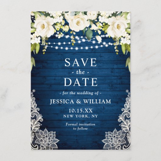 Elegant White Roses Lace Rustic Blue Wood Wedding Save The Date (Voorkant)