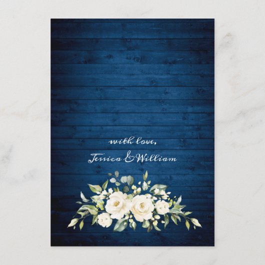 Elegant White Roses Lace Rustic Blue Wood Wedding Save The Date (Achterkant)