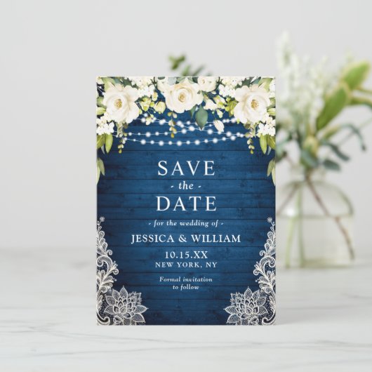 Elegant White Roses Lace Rustic Blue Wood Wedding Save The Date (Staand voorkant)