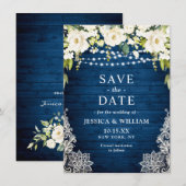 Elegant White Roses Lace Rustic Blue Wood Wedding Save The Date (Voorkant / Achterkant)