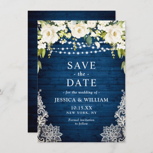 Elegant White Roses Lace Rustic Blue Wood Wedding Save The Date (Voorkant / Achterkant)