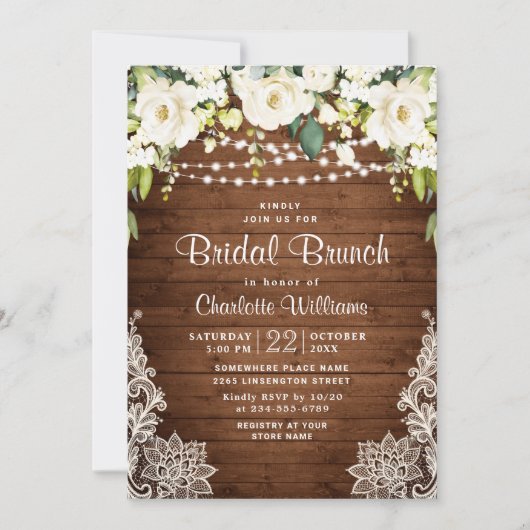 Elegant White Roses Lace Rustic Bridal Brunch Kaart (Voorkant)