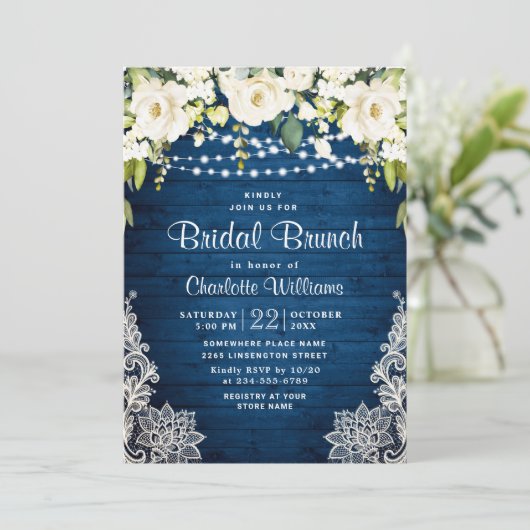 Elegant White Roses Lace Rustic Bridal Brunch Kaart (Staand voorkant)
