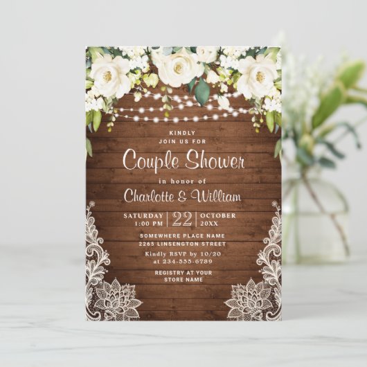 Elegant White Roses Lace Rustic Couple Shower Kaart (Staand voorkant)