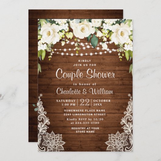 Elegant White Roses Lace Rustic Couple Shower Kaart (Voorkant / Achterkant)