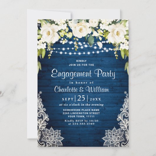 Elegant White Roses Lace Rustic Engagement Party Kaart (Voorkant)