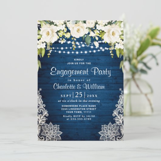 Elegant White Roses Lace Rustic Engagement Party Kaart (Staand voorkant)