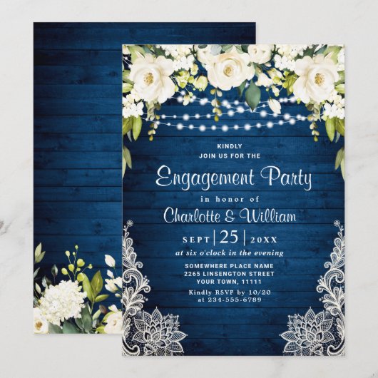 Elegant White Roses Lace Rustic Engagement Party Kaart (Voorkant / Achterkant)