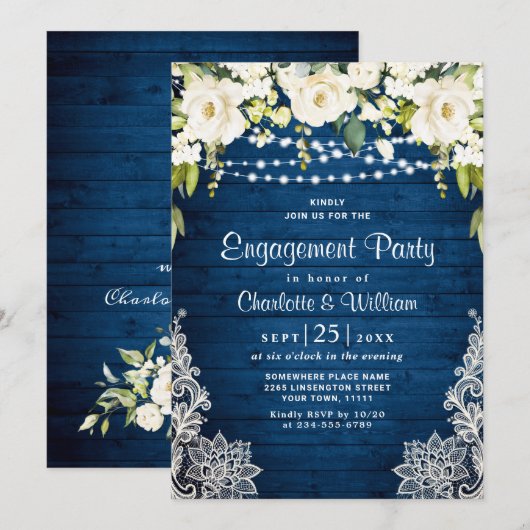 Elegant White Roses Lace Rustic Engagement Party Kaart (Voorkant / Achterkant)