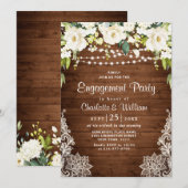 Elegant White Roses Lace Rustic Engagement Party Kaart (Voorkant / Achterkant)