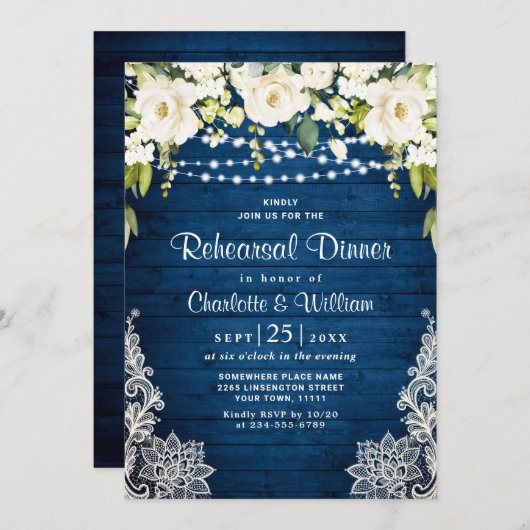 Elegant White Roses Lace Rustic Rehearsal Dinner Kaart (Voorkant / Achterkant)