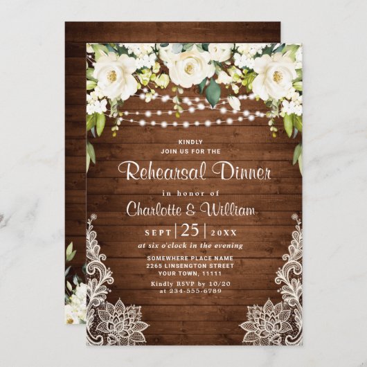 Elegant White Roses Lace Rustic Rehearsal Dinner Kaart (Voorkant / Achterkant)