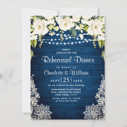 Elegant White Roses Lace Rustic Rehearsal Dinner Kaart (Voorkant)