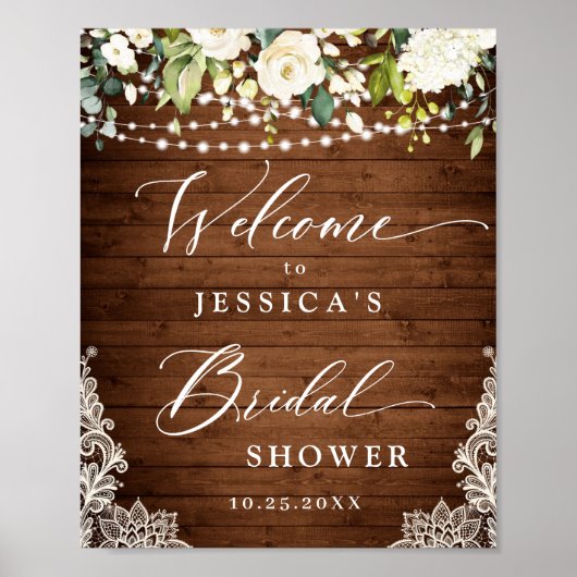 Elegant White Roses Lace Rustic Vrijgezellenfeest Poster (Voorkant)