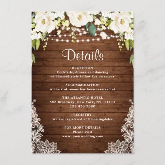 Elegant White Roses Lace Rustic Wedding Details Informatiekaartje (Voorkant)