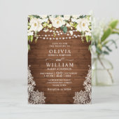 Elegant White Roses Lace Rustic Wood Wedding Kaart (Staand voorkant)