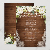 Elegant White Roses Lace Rustic Wood Wedding Kaart (Voorkant / Achterkant)