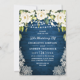 Elegant White Roses Lace Rustic Wood Wedding Kaart