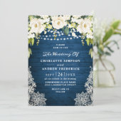 Elegant White Roses Lace Rustic Wood Wedding Kaart (Staand voorkant)