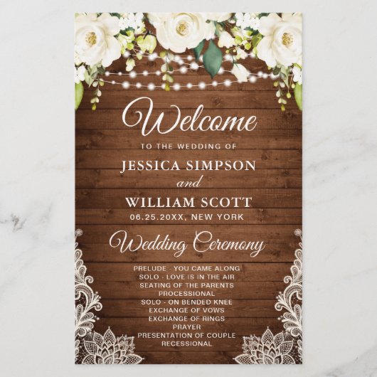 Elegant White Roses Lace Wedding Ceremony Programm (Voorkant)