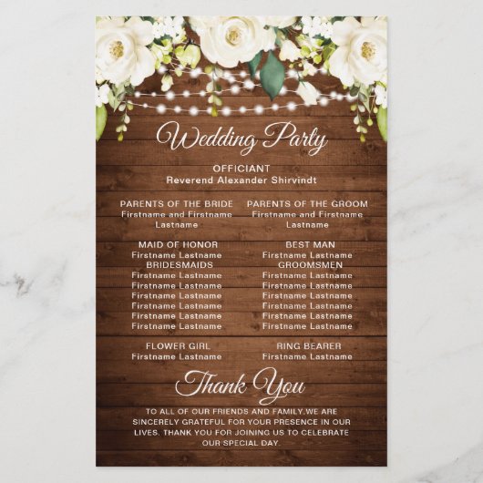 Elegant White Roses Lace Wedding Ceremony Programm (Achterkant)